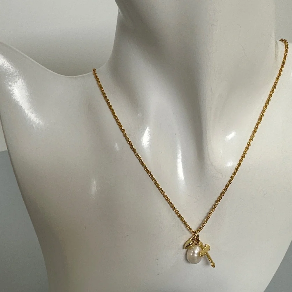 Gold-Tone real  Pearl and Cross Charm Necklace for Women